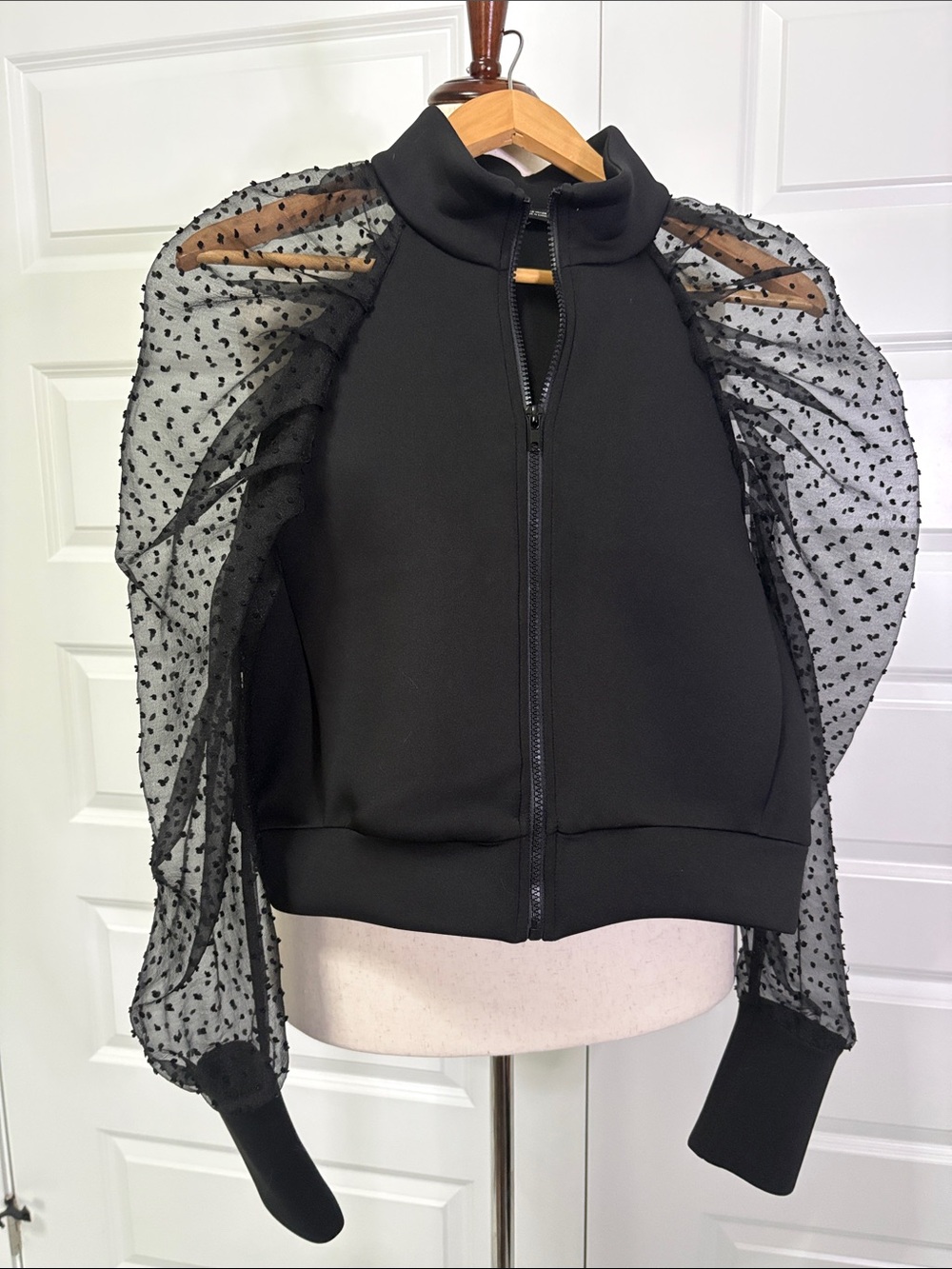 Zara Black Zip-Front Jacket with Sheer Puff Dotted Sleeves